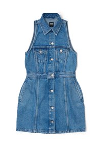 Jeansklänning med ärmlös, kragdesign, med framknappar, två bröstfickor och midjeformande passform. Färg: ljusblå.