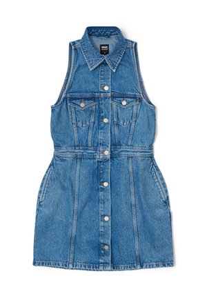 Jeanskleid mit ärmellosem, kragenförmigem Design, das über eine Knopfleiste vorne, zwei Brusttaschen und eine taillierte Passform verfügt. Farbe: Hellblau.