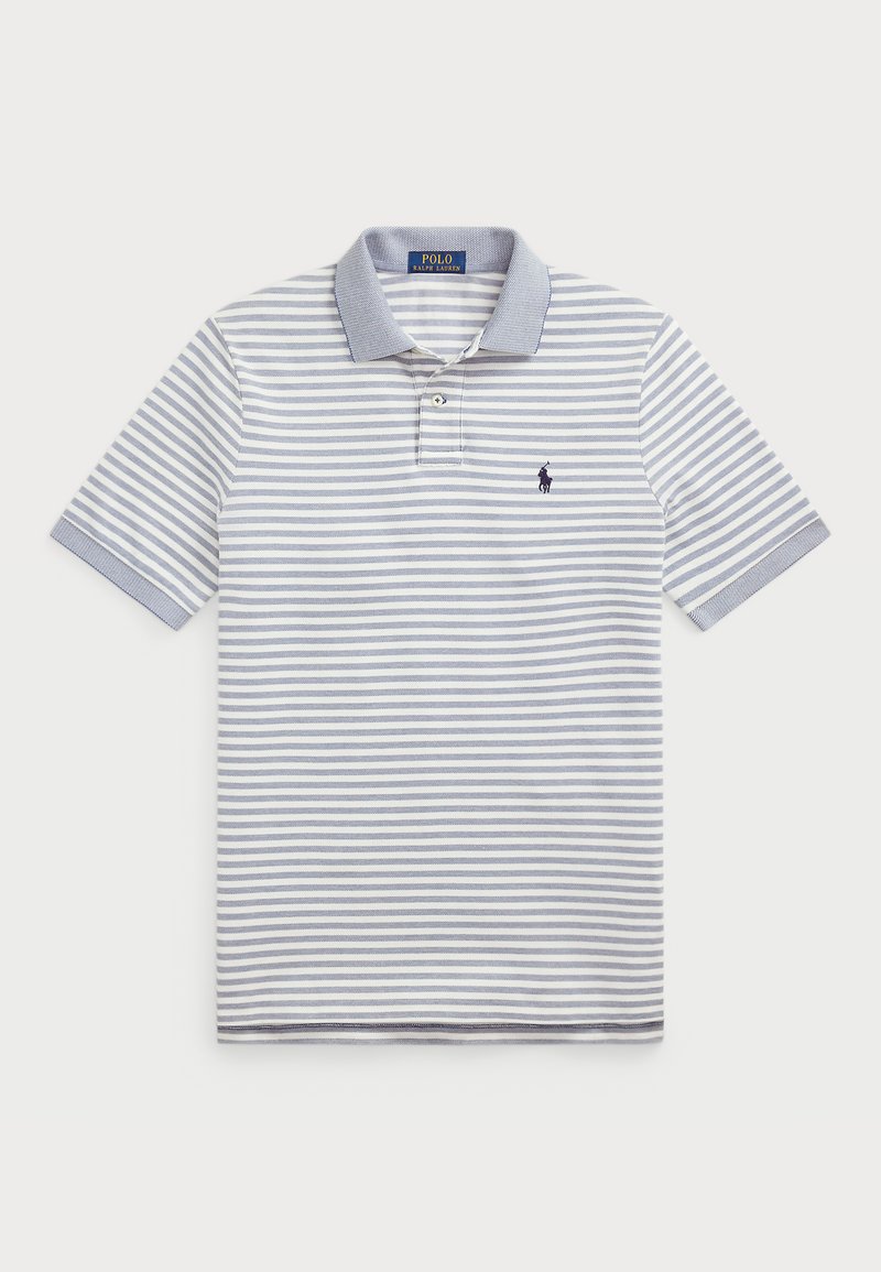 Läbipaistmatu polo särk helesinises ja tumesinises triibulises mustris, millel on krae, lühikesed varrukad ja rinnal väike tikitud logo.