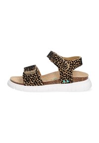 Leopardenmuster-Sandalen mit schwarzen Riemen, verstellbaren Klettverschlüssen und einer flexiblen weißen Sohle. Die Korkeinlage sorgt für Textur und Komfort.