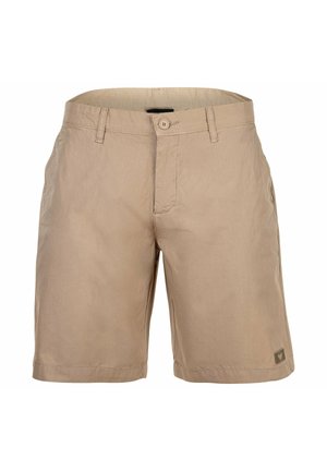 Beżowe męskie casualowe szorty z zapięciem na guzik i zamek błyskawiczny, szlufkami na pasek, kieszeniami bocznymi oraz małą naszywką z logo przy krawędzi.