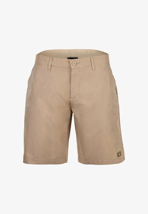 Beżowe męskie casualowe szorty z zapięciem na guzik i zamek błyskawiczny, szlufkami na pasek, kieszeniami bocznymi oraz małą naszywką z logo przy krawędzi.