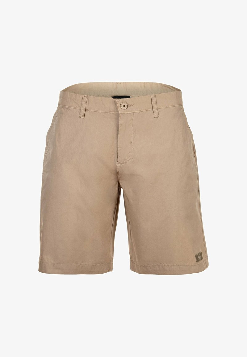 Beige herenshorts voor casual gebruik met knoop- en ritssluiting, ceintuurlussen, zijzakken en een klein logoplaatje nabij de zoom.