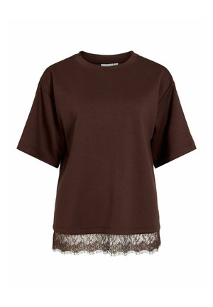T-shirt marron à manches courtes avec col rond et détail en dentelle à l'ourlet, présenté sur un fond blanc.