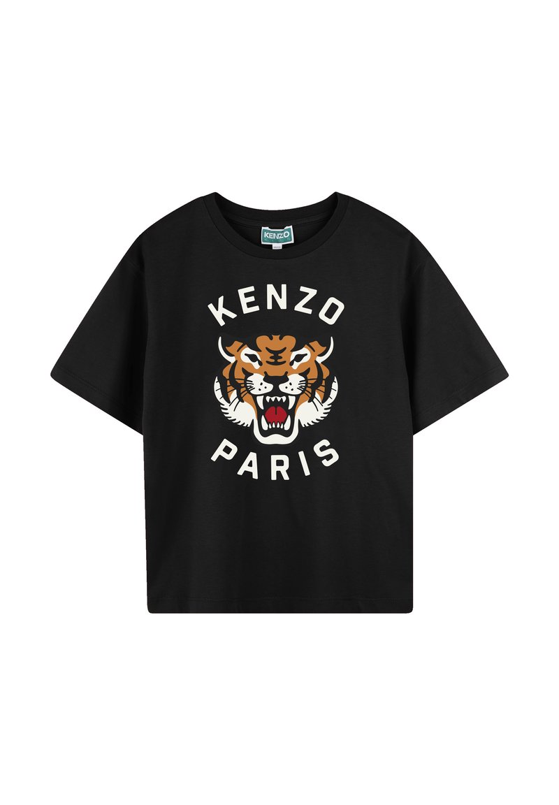 Zwarte katoenen t-shirt met een ronde halslijn, voorzien van een grafische afbeelding van een tijgergezicht en de tekst "KENZO PARIS" in wit en oranje.