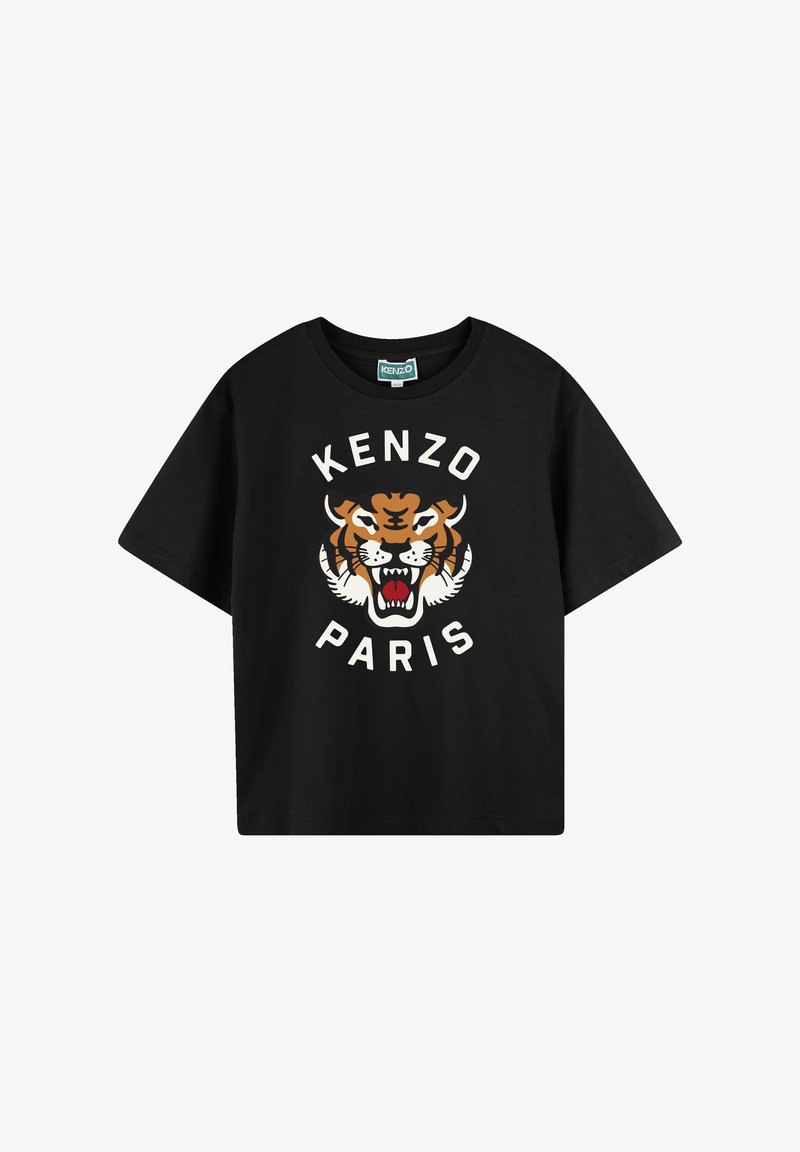 T-shirt en coton noir avec un col rond, présentant un graphisme du visage d'un tigre et le texte "KENZO PARIS" en blanc et orange.