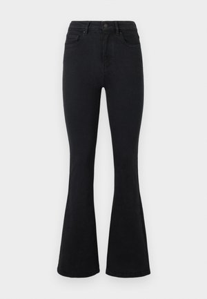 Schwarze Denim-Jeans mit weitem Bein und hohem Bund, ausgestattet mit einem klassischen Knopfverschluss und minimalen Nähten. Weiche Textur und glatte Oberfläche.