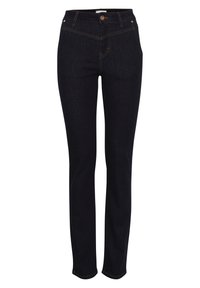 Dark blue denim jeans with a straight leg, high waist, featuring orange stitching and button closure. Designed with classic five-pocket style.