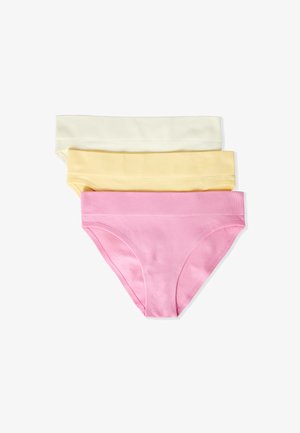 Three pairs of cotton bikini-style underwear in white, pale yellow, and pink, stacked on a white background.