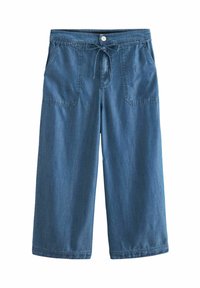 Culote din denim de culoare albastru mediu, cu două buzunare frontale, talie elastică și închidere cu șnur. Material moale și design cu picioare largi.