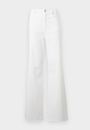 Baltos plačios džinsinės kelnės su aukštu liemeniu, su mygtuku ir užtrauktuku, dviem priekinėm kišenėm ir švaria, vientisa tekstūra.