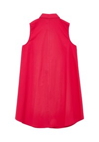 Camicetta senza maniche rosa con colletto, dotata di orlo dritto e yoke posteriore. Tessuto liscio con una trama semplice e senza pattern visibili.
