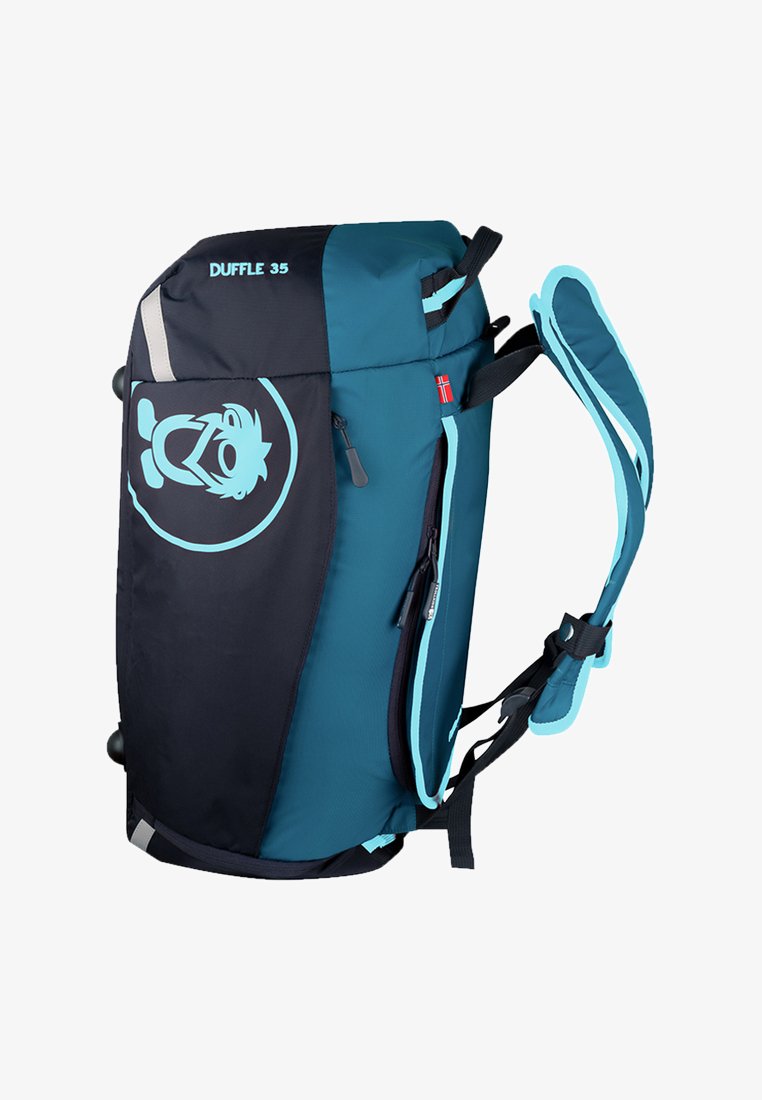 Blue and black duffle bag with "DUFFLE 35" text, cartoon mascot logo, adjustable straps, and Norwegian flag label on side.