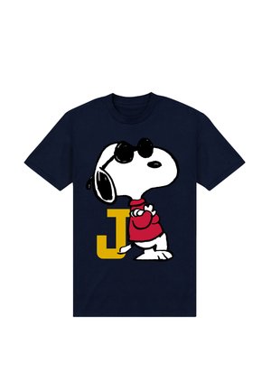 Navy t-shirt with cartoon dog wearing sunglasses and red sweater standing with arms crossed beside large yellow letter "J".