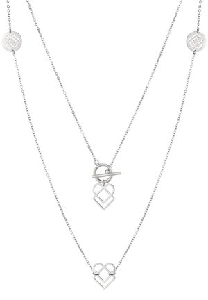 Two silver chain necklaces with geometric heart-shaped pendants, one featuring a toggle clasp and circular logo charms on the chains.