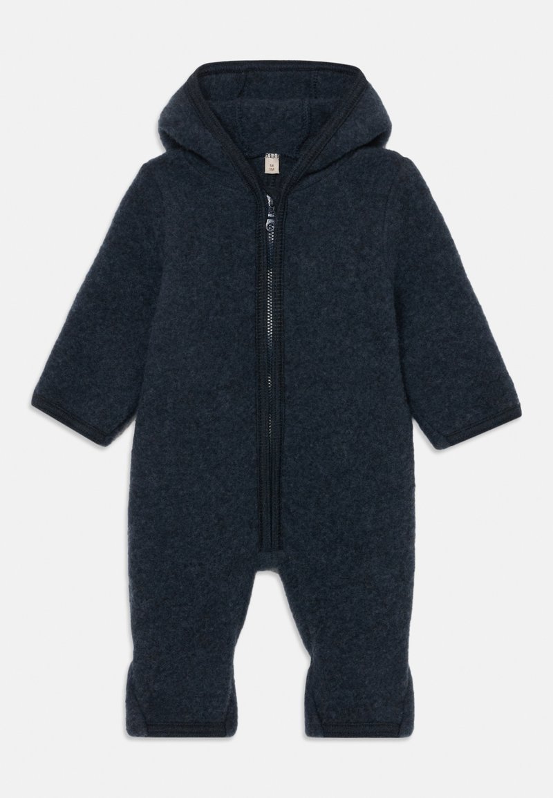 Navyblauer Zip-Up-Overall aus weichem, strukturiertem Stoff. Mit Kapuze und gerippten Bündchen, entworfen für Wärme und Komfort.