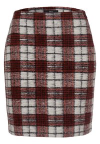 Jupe en mélange de laine présentant un motif checkered rouge et blanc avec des accents noirs. Silhouette droite avec une finition lisse et texturée.