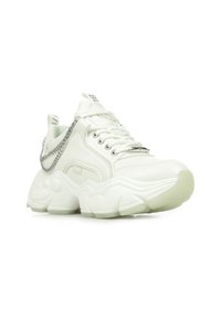 White chunky sneakers with textured rubber sole, leather upper, silver chain detailing, and laces. Features logo on the tongue and side.
