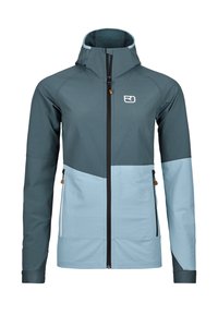 Blue and dark teal waterproof jacket with a zip front. Features a high collar, elastic cuffs, and a logo on the chest. Two side pockets.