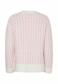 Rosa och vit stickad tröja med ett texturerat kedjemönster, ribbade muddar och fåll, med en avslappnad passform och rund halsringning.