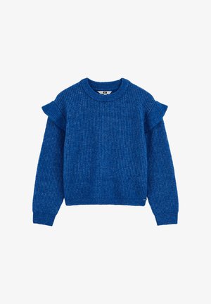 Blå stickad tröja med långa ärmar, rund halsringning och volangdetaljer på axlarna. Texturerad tyg med en avslappnad passform och ribbat avslut.