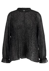 Blouse noire transparente avec un col montant, des manches longues aux poignets volantés, et une texture plissée ornée de petits pois blancs.