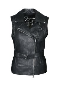 Gilet en cuir noir avec un col structuré, une fermeture éclair asymétrique à l'avant et une taille ceinturée. Présente un design épuré et une texture lisse.