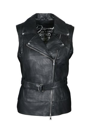 Schwarze Lederweste mit strukturiertem Kragen, asymmetrischem Frontreißverschluss und taillierter Taille. Verfügt über ein reduziertes Design und eine glatte Textur.