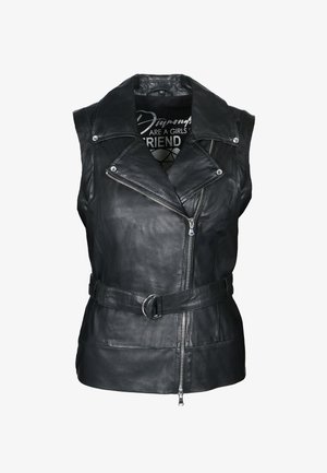 Czarna skórzana kamizelka z wyprofilowanym kołnierzem, asymetrycznym zapięciem na zamek błyskawiczny i paskiem w talii. Charakteryzuje się opływowym designem i gładką fakturą.