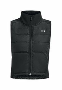 Gilet imbottito nero con colletto alto, zip anteriore e dettagli su pannelli laterali. Presenta un logo nella parte superiore sinistra del petto.