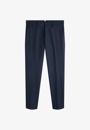 Marineblaue, maßgeschneiderte Herrenhose mit Gürtelschlaufen, seitlichen Taschen, Knopfverschluss und flachem Vorderteil.