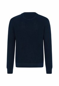 Pull bleu marine à manches longues avec col rond, poignets et ourlet côtelés, présenté sur un fond blanc.