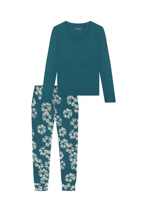 Top w kolorze morskim z długimi rękawami i dekoltem w serek oraz dopasowane, zwężane spodnie z białym kwiatowym wzorem. Miękka tkanina zapewniająca wygodne dopasowanie.