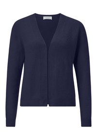 Cardigan blu navy realizzato in tessuto morbido, con scollo a V e maniche lunghe, dotato di polsini e orlo a coste. Assente qualsiasi bottone o chiusura.