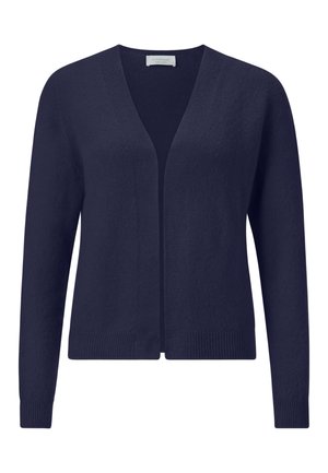 Cardigan blu navy realizzato in tessuto morbido, con scollo a V e maniche lunghe, dotato di polsini e orlo a coste. Assente qualsiasi bottone o chiusura.