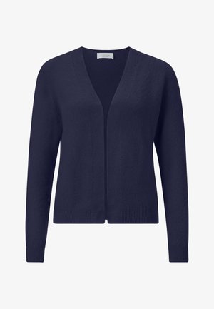 Marineblauwe cardigan van zachte stof, met een v-hals en lange mouwen, voorzien van geribbelde manchetten en zoom. Geen knopen of sluitingen aanwezig.