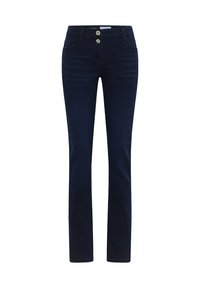 Tmavě modré slim-fit džíny s dvěma předními knoflíky, předními kapsami a rovným střihem nohavic na bílém pozadí.