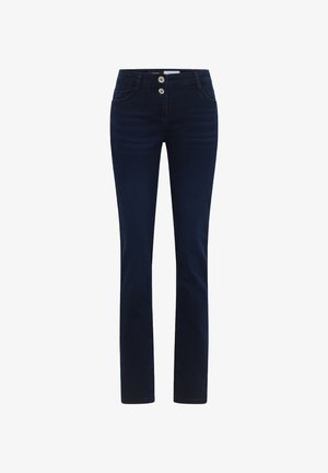 Jeans slim-fit blu scuro con due bottini frontali, tasche anteriori e gamba dritta su uno sfondo bianco.