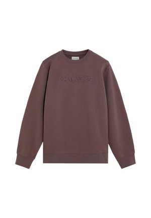 Sudadera de algodón marrón con puños y dobladillo acanalados, presenta un logo texturizado "SCALPERS" en el pecho. Diseño clásico de cuello redondo.