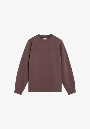 Sudadera de algodón marrón con puños y dobladillo acanalados, presenta un logo texturizado "SCALPERS" en el pecho. Diseño clásico de cuello redondo.