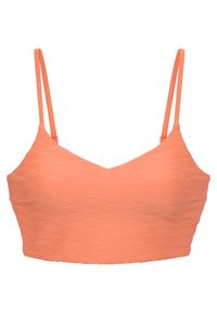 Różowobrzoskwiniowy biustonosz bikini z teksturowanym wzorem w zygzak, regulowanymi ramiączkami i dekoltem w kształcie litery V. Materiały wydają się elastyczne i gładkie.