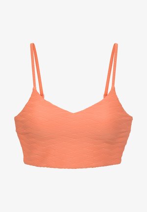 Soutien-gorge de bikini couleur pêche avec un motif en zigzag texturé, des bretelles réglables et un décolleté en V. Les matériaux semblent extensibles et lisses.