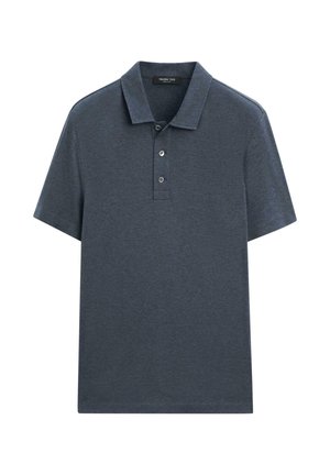 Mørkeblå polo i tekstureret stof med klassisk krave, tre-knapsslå og korte ærmer.