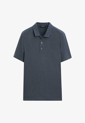 Dunkelblaues Poloshirt aus einer strukturierten Stoffqualität, mit klassischem Kragen, dreiknöpfiger Knopfleiste und kurzen Ärmeln.