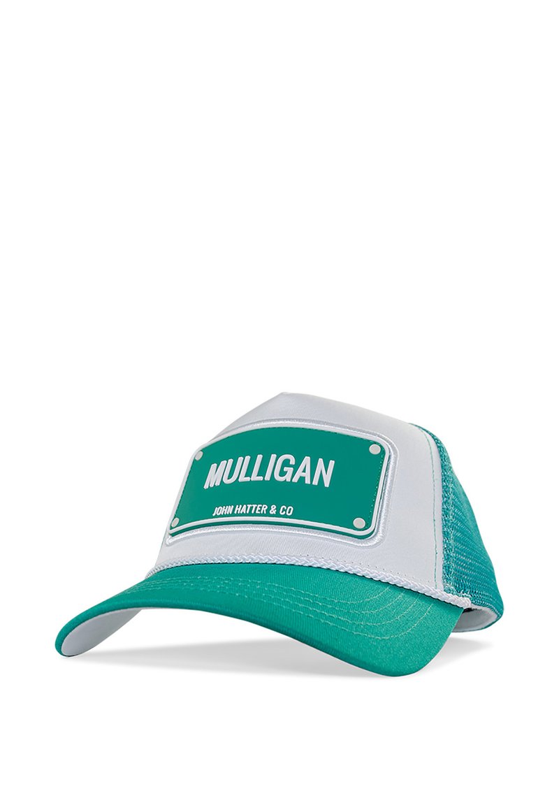 Trucker cap featuring a teal mesh back, white front panel with a rectangular green patch, embossed lettering, and a curved brim.