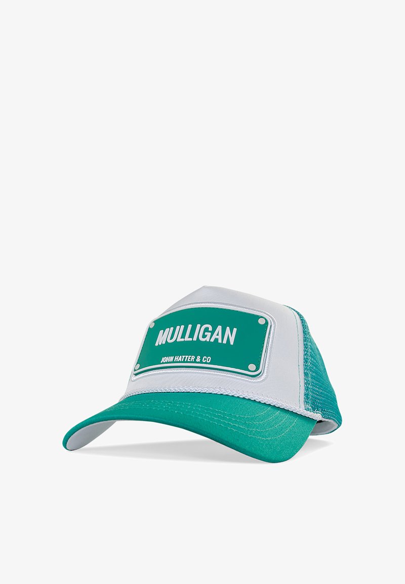 Trucker cap featuring a teal mesh back, white front panel with a rectangular green patch, embossed lettering, and a curved brim.