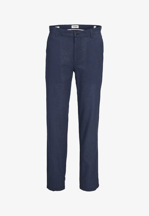 Pantalon droit homme bleu marine avec passants de ceinture, fermeture par bouton et poches avant, présenté sur fond blanc.