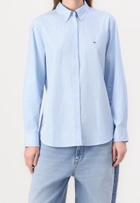 Ljusblå och vitrandig långärmad skjorta med knappar, med spetskrage, knäppärmar och en liten logotyp på bröstet.