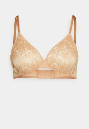 Nėriniais apipintas, minkštas kreminės spalvos liemenėlė su trikampio formos taure, reguliuojamomis petnešėlėmis ir užsegimu akute nugaroje.