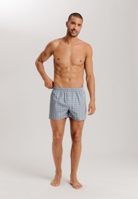 Boxers à carreaux pour homme en bleu clair et blanc, avec une taille élastique et un devant à boutons. Fabriqués en coton doux.